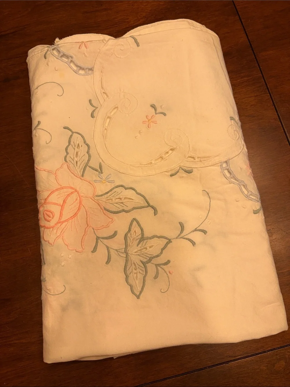 Vintage Embroidered Tablecloth with Pastel Floral Accents - 81”x60”